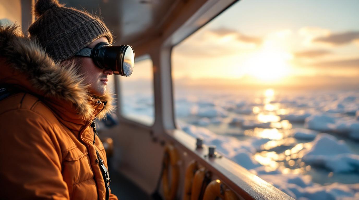 Een persoon in warme outdoor kleding met een verrekijker