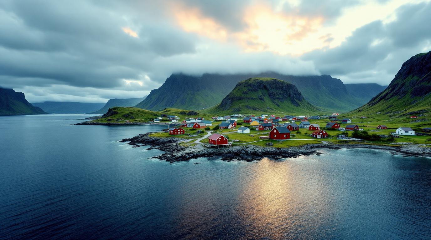 Een afgelegen, pittoresk kustdorp met kleurrijke houten huizen