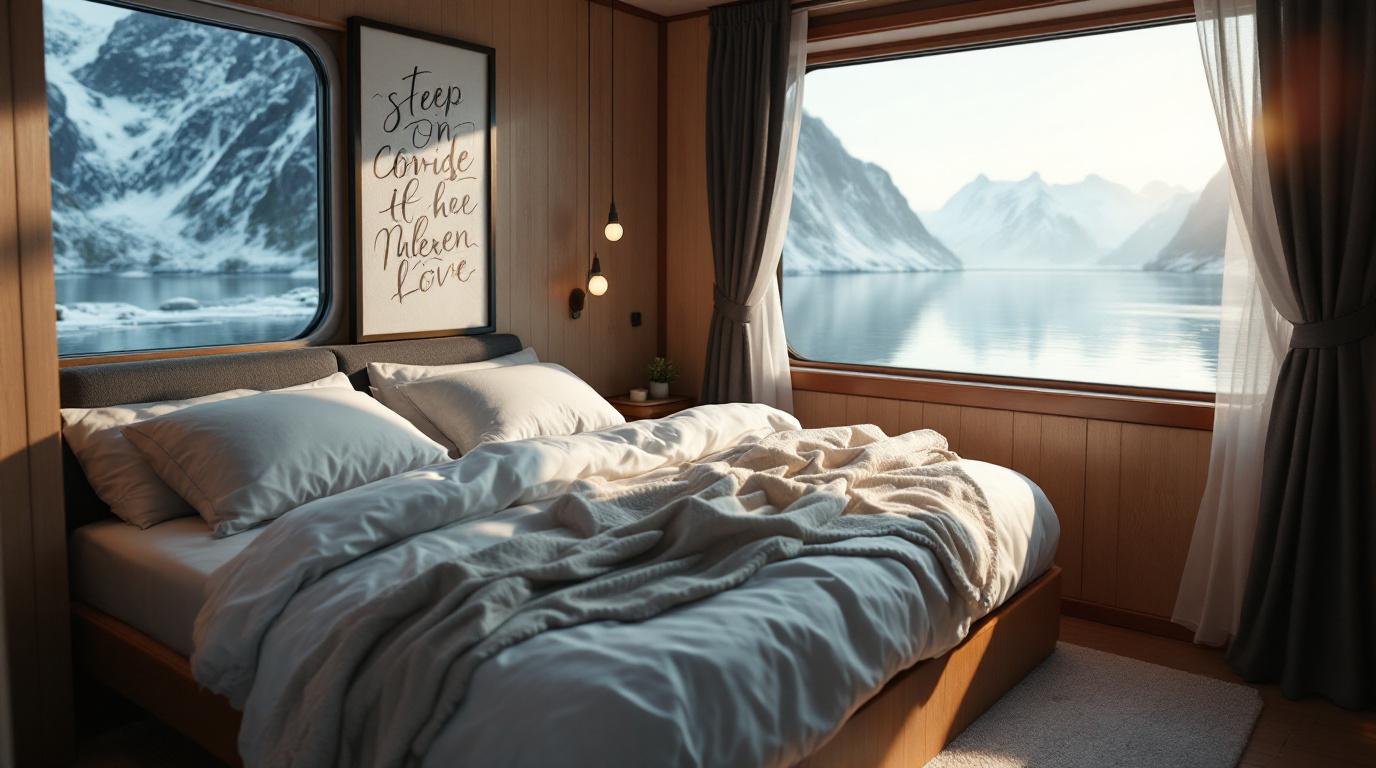 Een opgemaakt bed met schone, witte lakens in een compacte cruisehut.