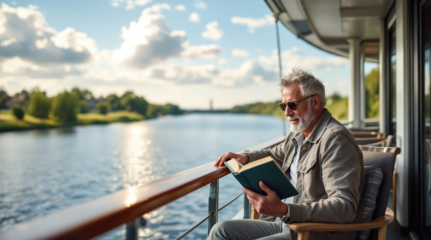 Een reiziger die een boek leest op het privébalkon van een riviercruiseschip.