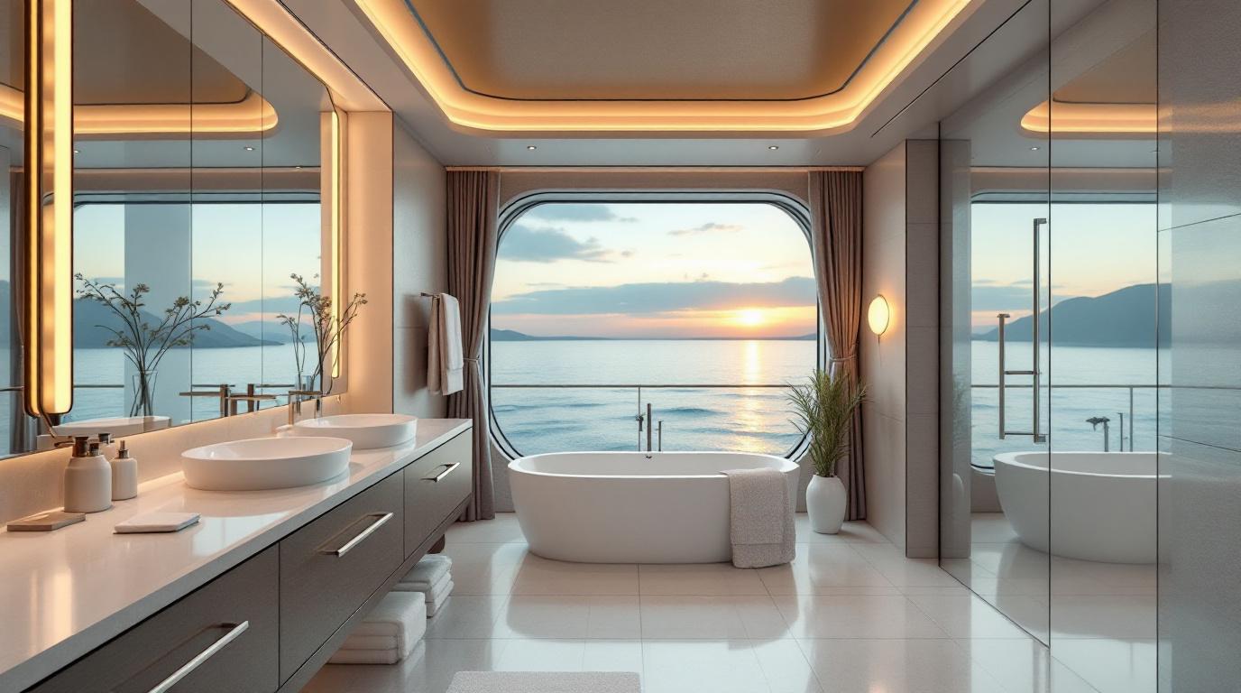 De moderne badkamer van een luxe suite aan boord van een veerboot.