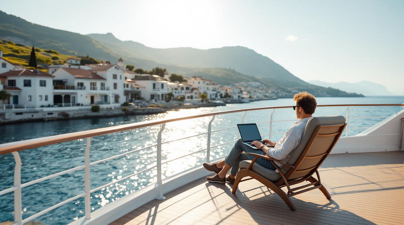 Een persoon die met een laptop op het dek van een cruiseschip de route van een Europese stad plant.