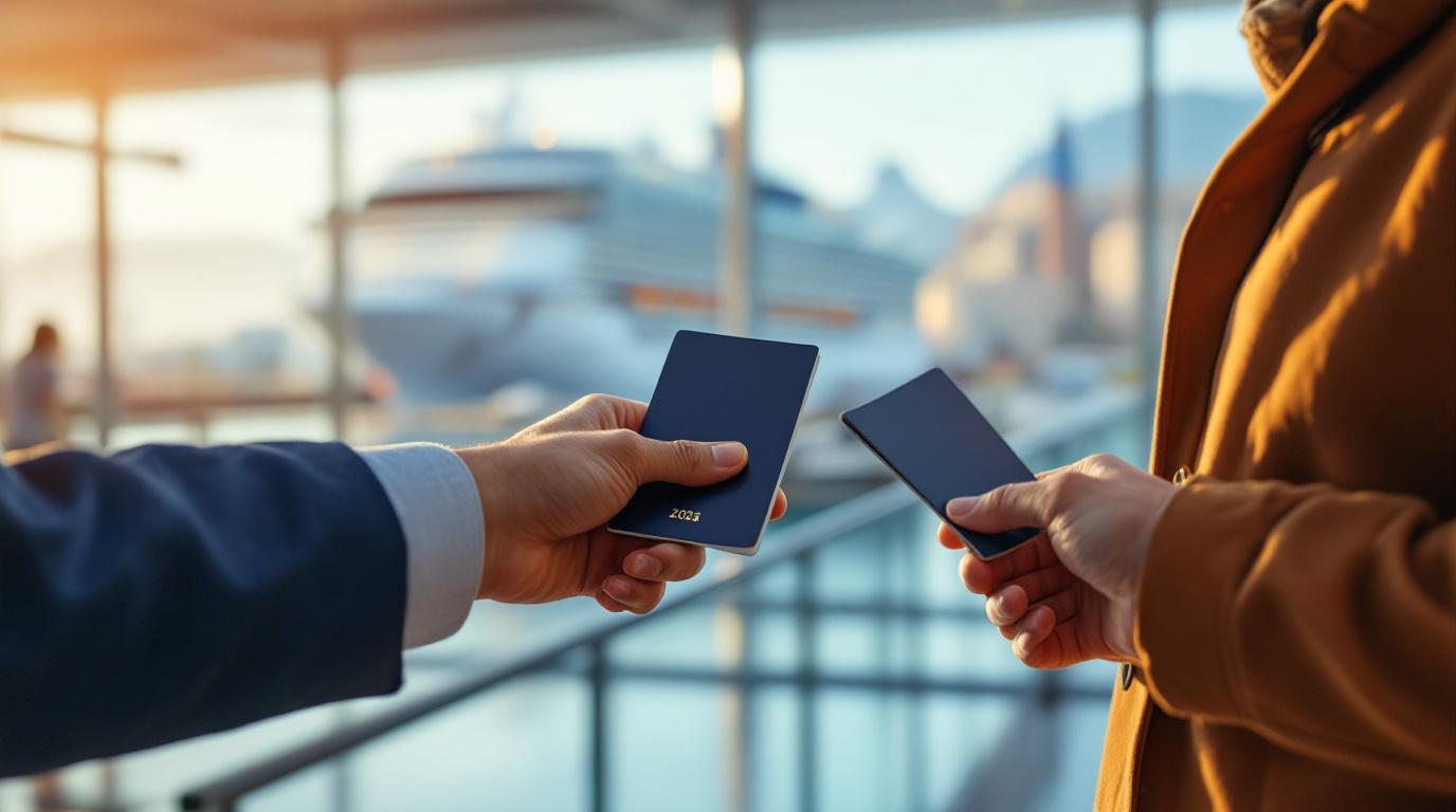 Close-up van de handen van een reiziger die een Europees paspoort en een papieren instapkaart aanreikt.