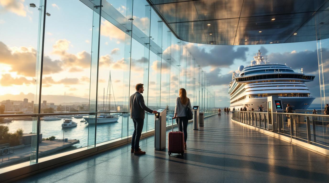 Een reiziger die door een ticketscanner loopt bij de ingang van de loopbrug, met een kleine trolleykoffer.