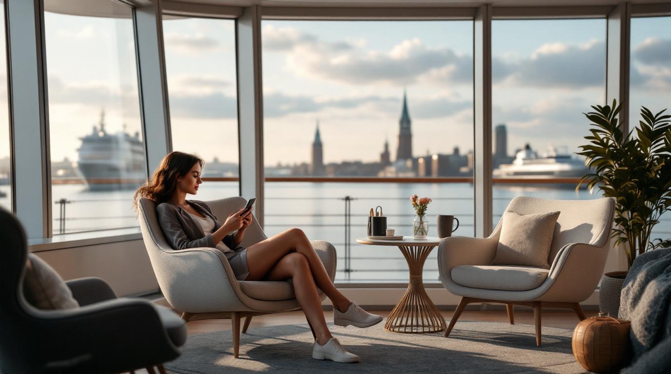 Een jonge vrouw zit ontspannen op een design fauteuil, kijkend op haar smartphone, naast haar een kleine reistas en een zonnebril.