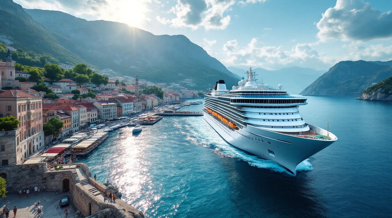 Een stel, lachend, stapt de loopbrug op van een indrukwekkend schip, met de focus op hun gezichten en de beweging.