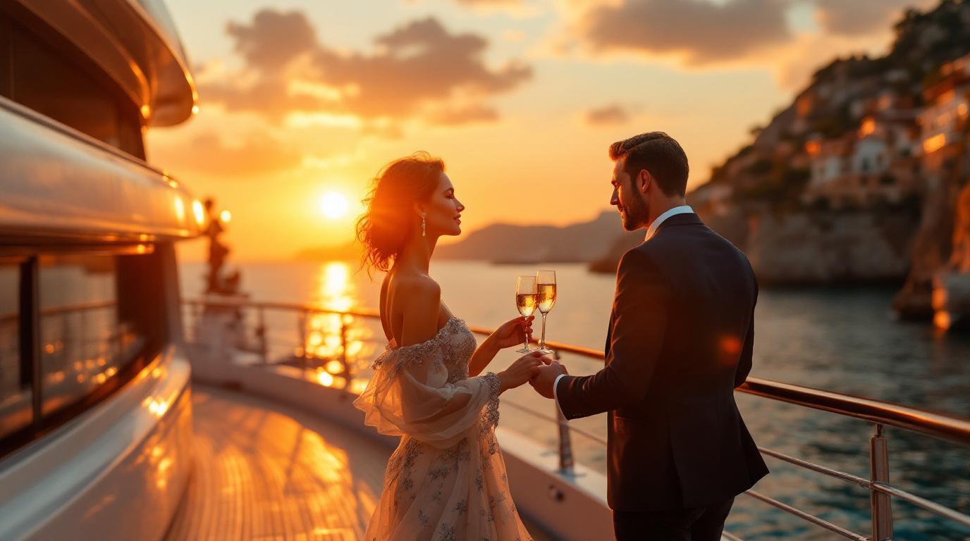 Een elegant geklede vrouw in een avondjurk en een man in een smoking