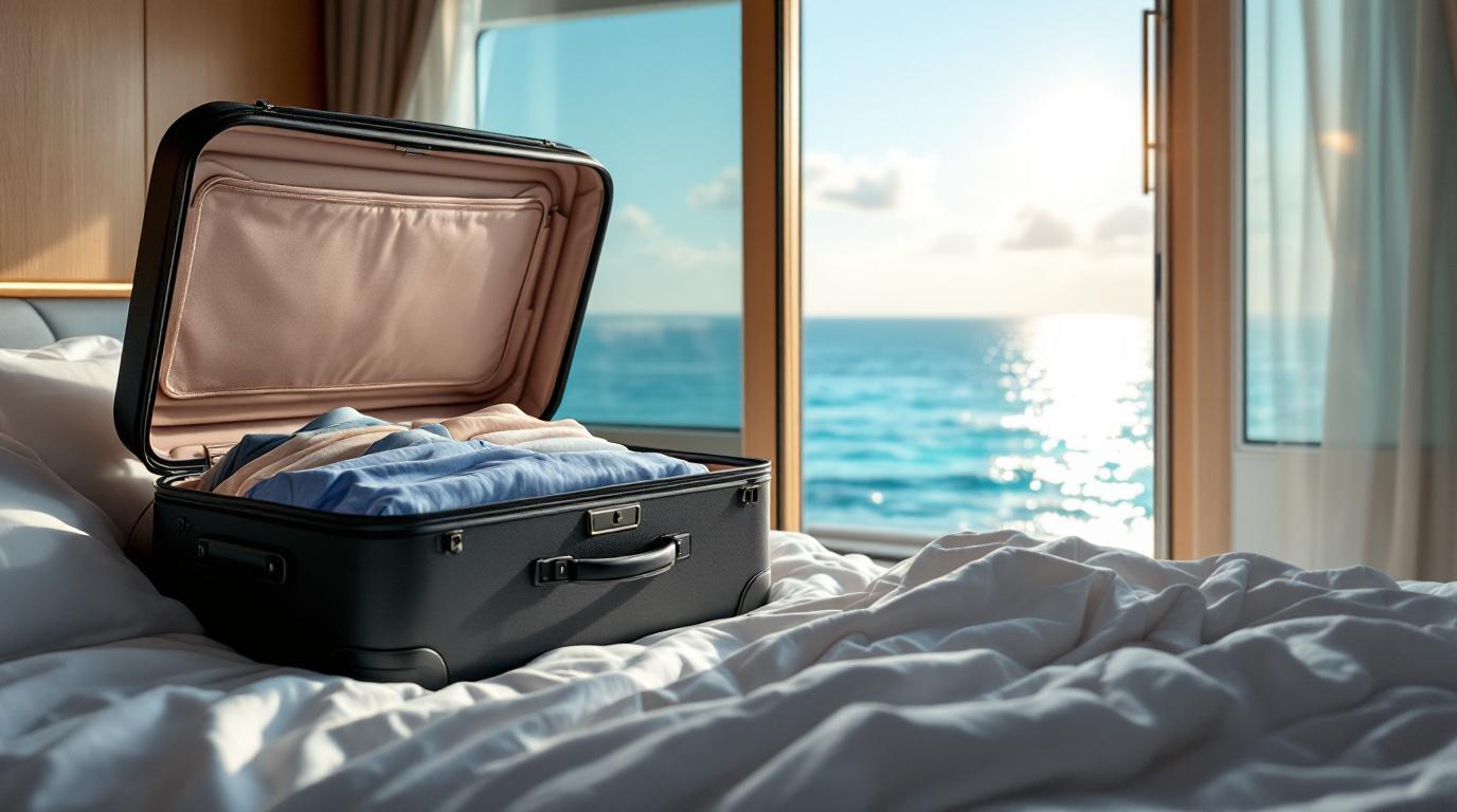 An open suitcase with a neatly arranged selection of clothing for different occasions (for example a cocktail dress, smart blouse, linen trousers)