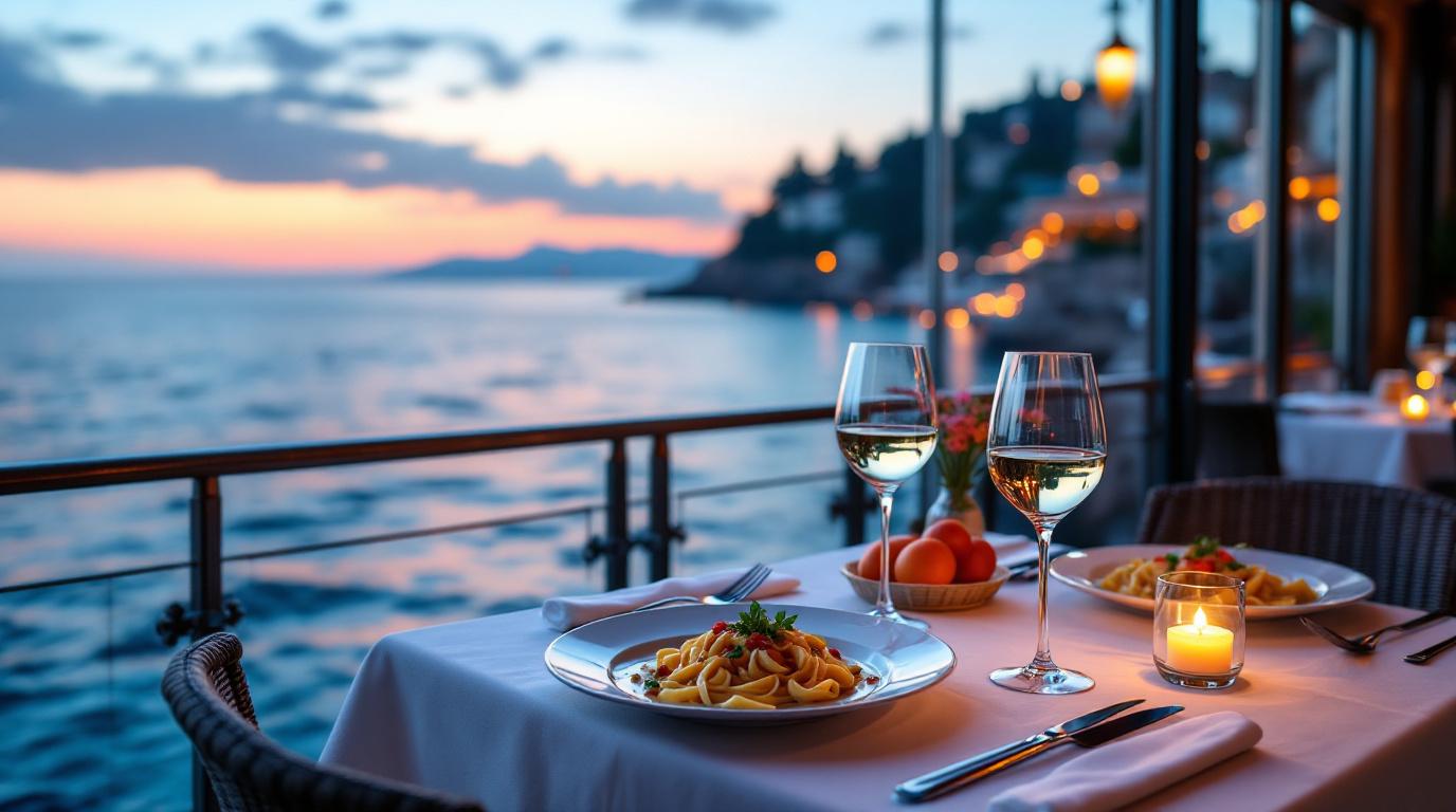 Een elegant gedekte tafel met een bord verse zeevruchten pasta in een scheepsrestaurant met panoramisch uitzicht.