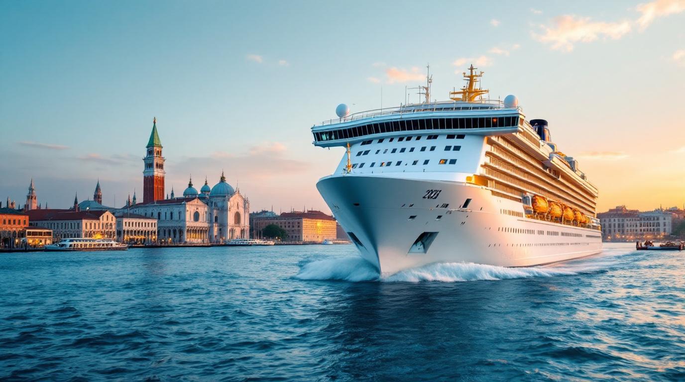 De boeg van een imposant cruiseschip vaart een historische haven binnen.