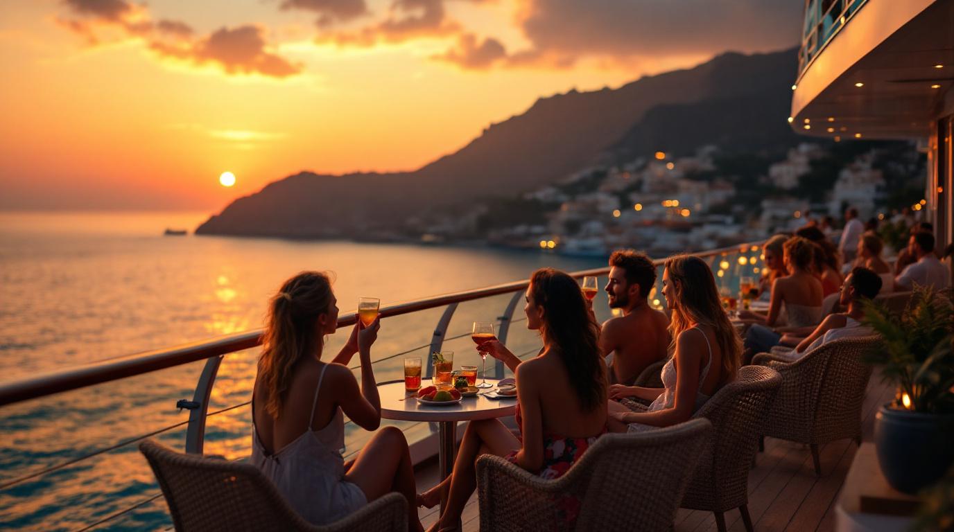 Een groep vrienden proost met cocktails op een buitenterras van een cruiseschip.