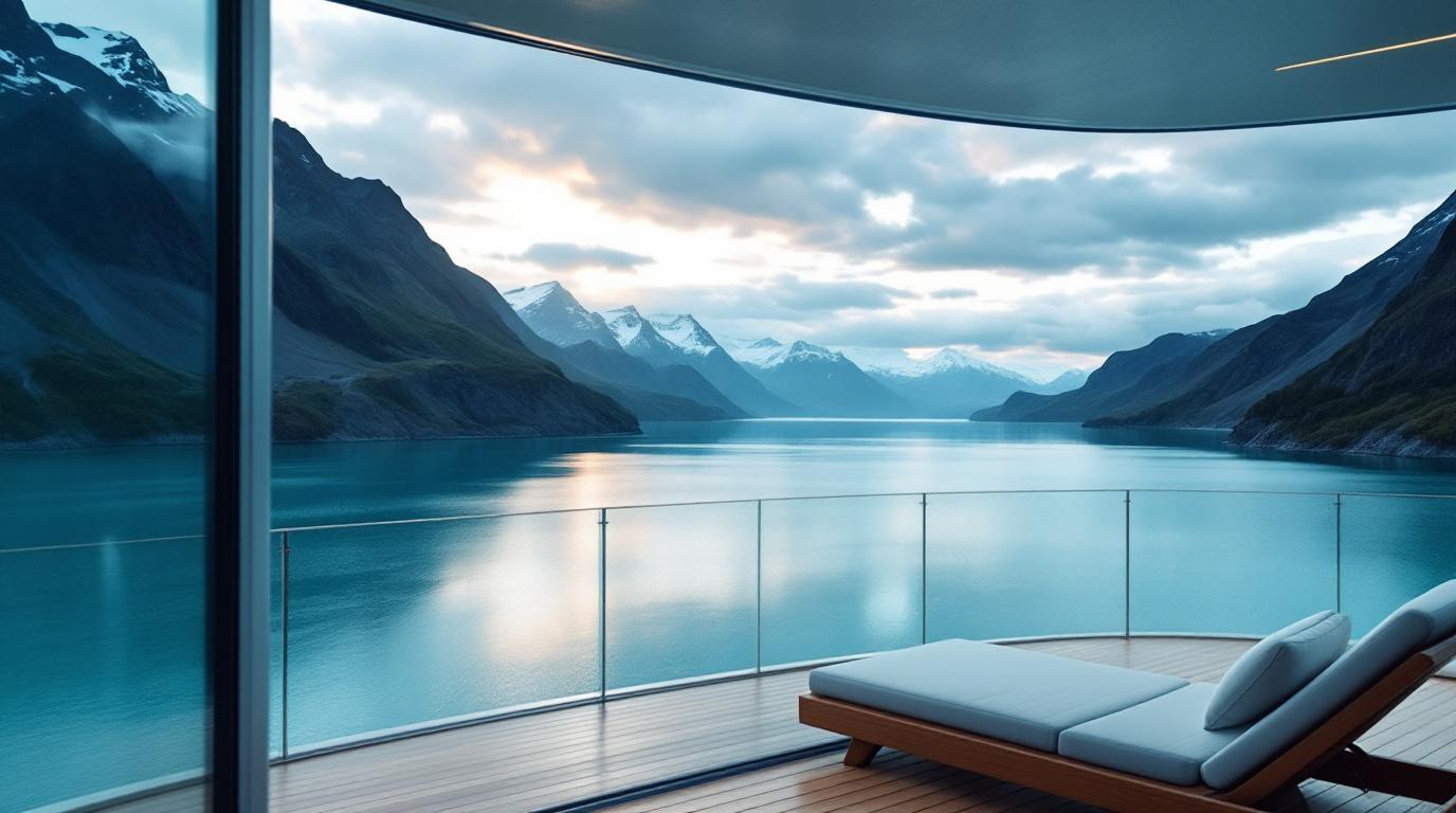 Een openstaand balkon van een luxe cruisehut met een ligstoel.