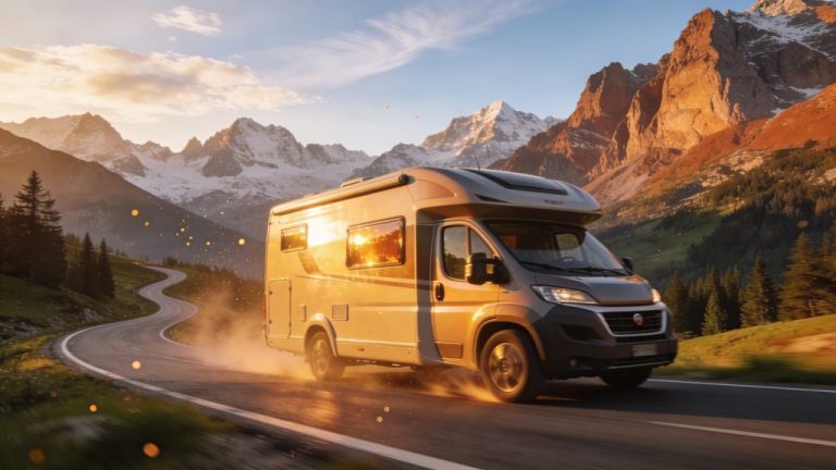 Een alkoofcamper door de bergen rijden